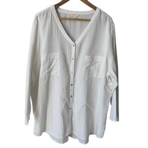 Eileen Fisher 100% Organic Cotton V-Neck Button Up Gauze Blouse White 3XL